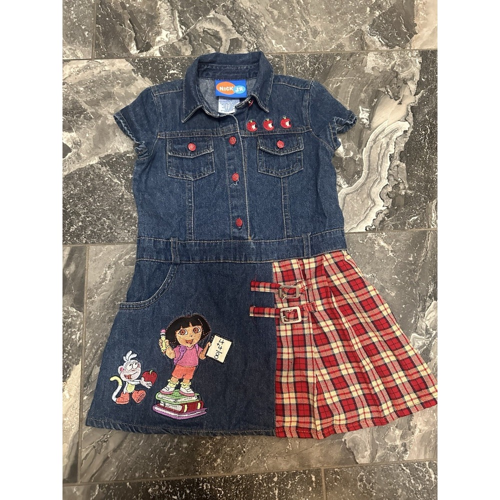 vintage Nick Jr. Dora the Explorer denim and plaid hybrid dress Girls 4T